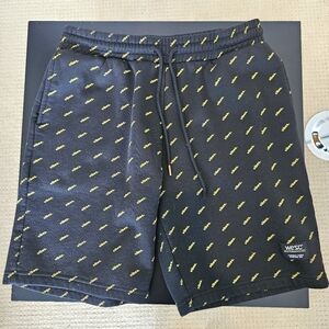 WeSC Mens Fleece Sweat Shorts Size large Black Yellow Vibes Pockets